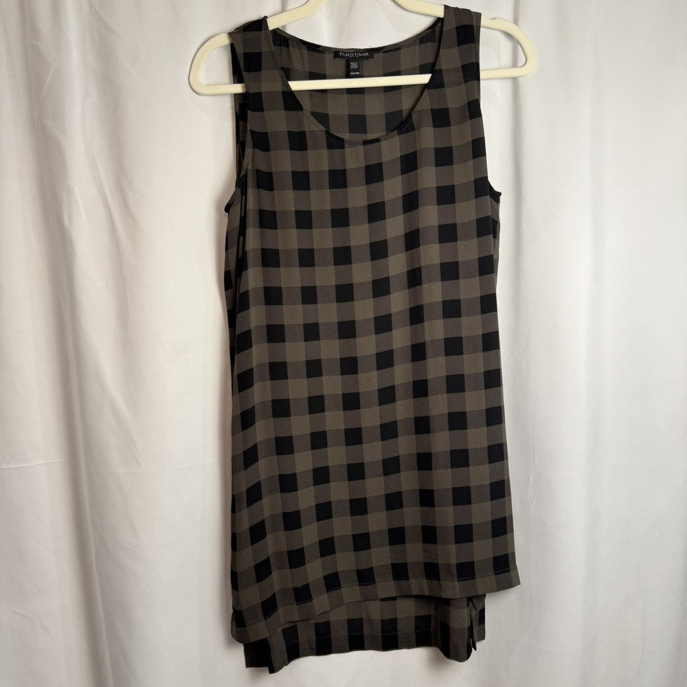 Eileen Fisher Petite M Gray Black Gingham Plaid Silk Mini Hi Low Tunic Dress